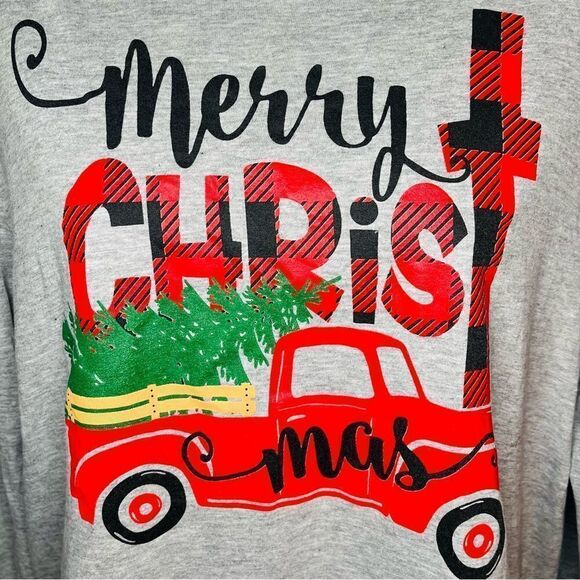 Love in Faith Merry Christmas Truck Long Sleeve Tshirt Marled Grey Red S - Picture 3 of 9